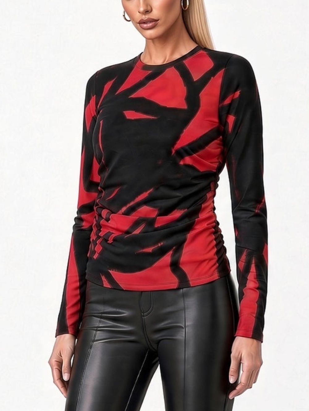 DKNY Red Black Abstract Print Ruched Long Sleeve Top L NWT